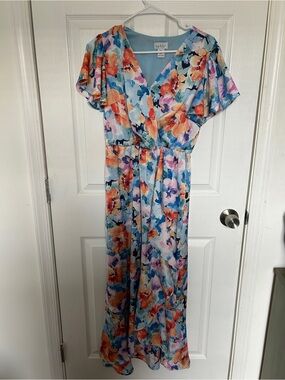 Nicole Miller Floral V-Neck Flutter Sleeve Maxi Dress in Blue and Orange